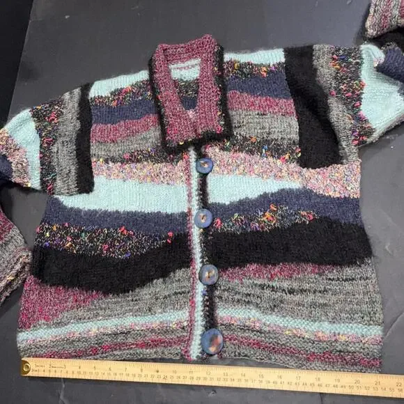 Anthropologie Rare Patchwork Hand Made Clay Button Striped Cardigan Free Size - Picture 7 of 15